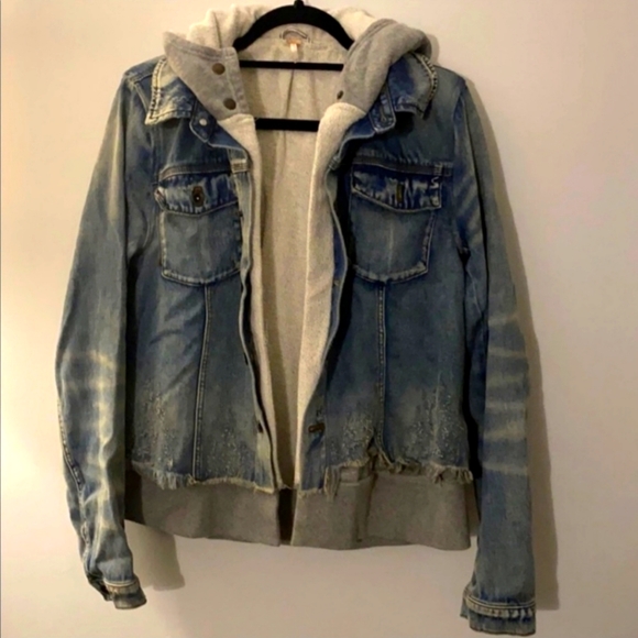 Free People Double Weave Distressed Denim Jacket with Built-in Hoodie - Picture 3 of 4